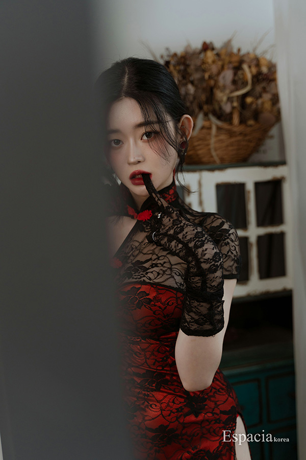蕾丝暗红复古旗袍美女Rahee优雅迷人